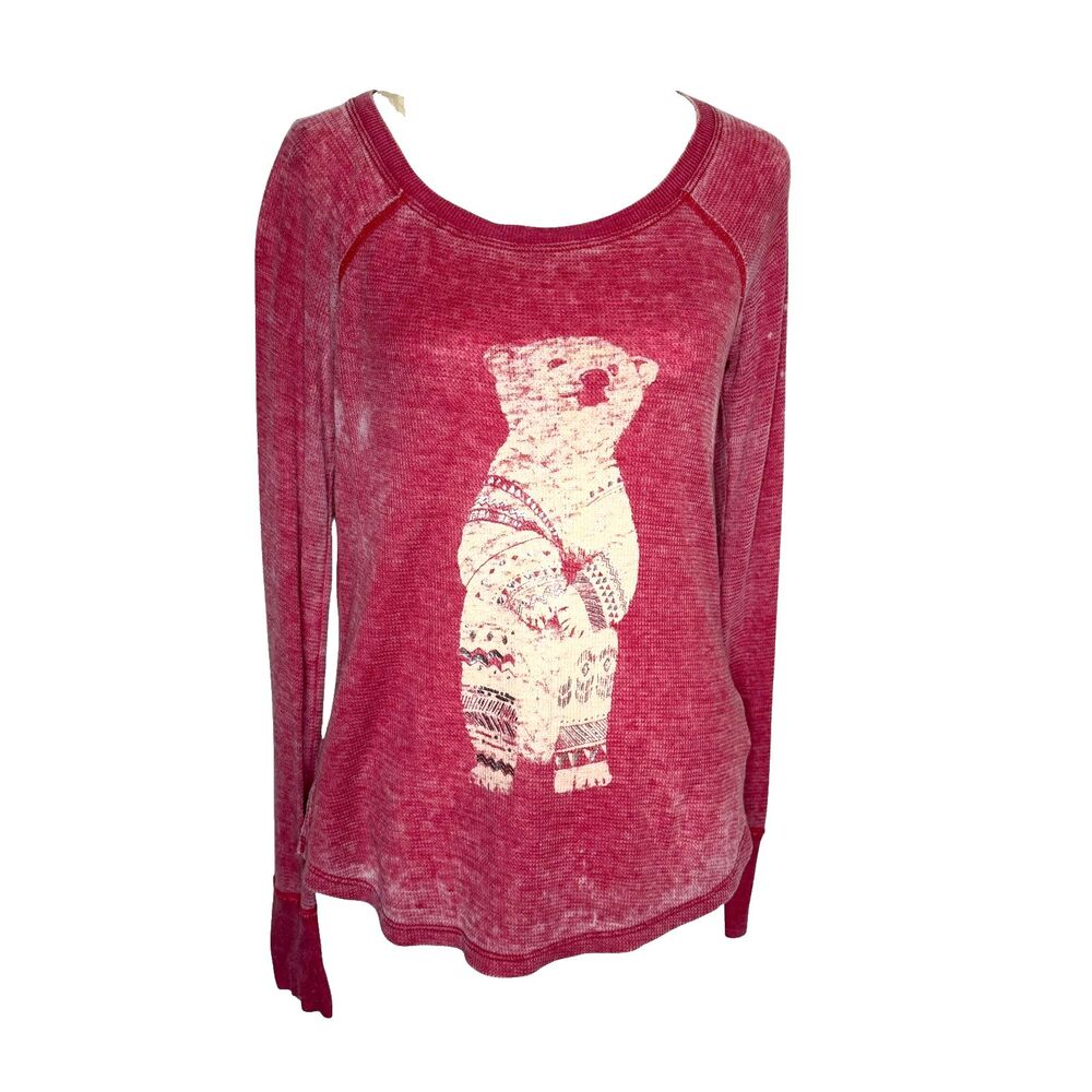 American Eagle Outfitters Bear Graphic Burnout Thermal T Shirt Knit Top Red XS